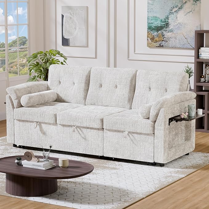 Convertible Sleeper Sofa Bed, 63 Inch Chenille Pull Out Couch with Side Table & Adjustable Backrest, Sectional Sleeper Sofa with Pull Out Bed for Living Room, Apartment, Beige