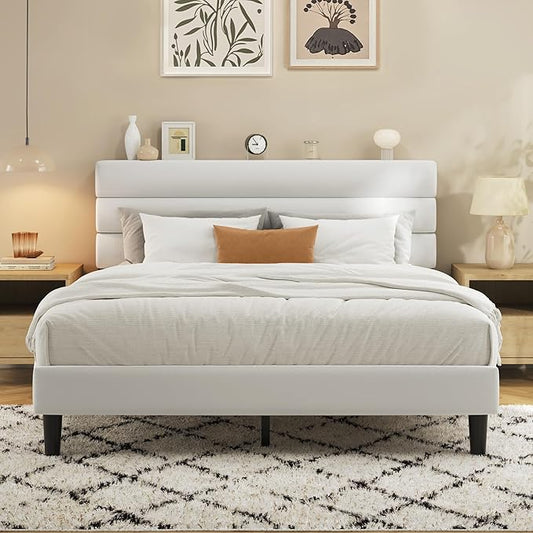Fluest Queen Bed Frame, Platform Bed Frame with Velvet Upholstered Headboard, No Box Spring Needed, Sturdy Metal Support, Noise Free, Easy Assembly, Modern Bedroom Furniture, White