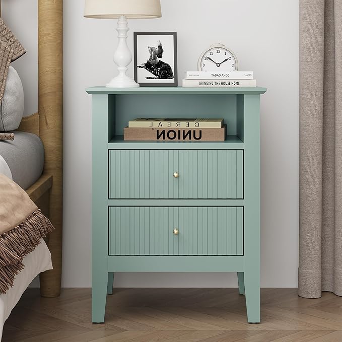 RoyalCraft Fluted Nightstand with 2 Drawers, Colorful Nightstand for Bedroom, Modern Wooden End Table with Storage for Small Spaces, Tall Side Sofa Table for Couch, Home Office, Milky Green