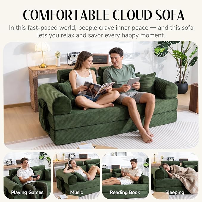 79" Convertible Boneless Couch for Small Spaces, 6-in-1 Corduroy Sofa Bed with High Backrest, Pillows, High-Density Foam Loveseat Sleeper Couch in a Box for Living Room, No Assembly, Olive Green