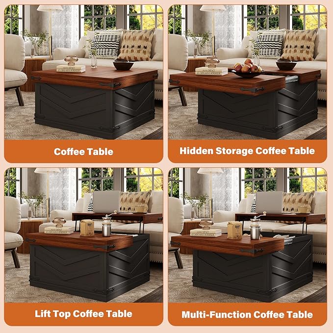 UNIQUITE 31.5'' Lift Top Coffee Table, Sliding Top Square Center Table with Large Hidden Storage Organizer, Multi-Functional Farmhouse Coffee Tables for Living Room, Bedroom, Home Office, Black
