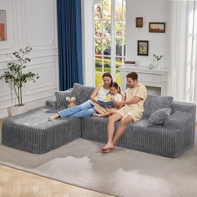 Hobestluk Modular Sectional Sofa Boneless Couch L-Shape Couch 3 Seat Modular Couch Memory Foam Sectional Couches for Living Room Furniture, Cloud Couch with Oversized Chaise (108" Left Facing Chaise)