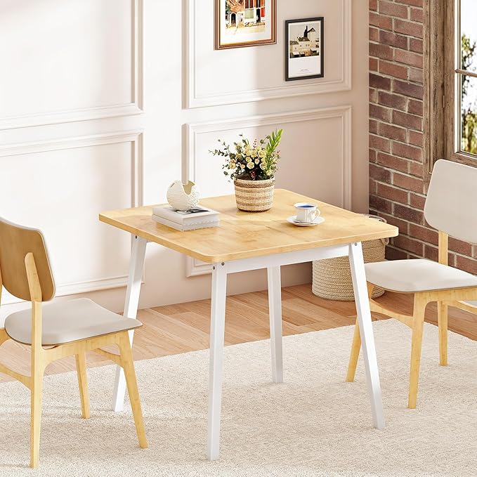 HOOBRO Bamboo Dining Table, Square Dining Table for 2, 27.6" Kitchen Table for Small Space, Writing Table, Easy to Assemble, for Dining Room, Living Room, Office, Kitchen, Natural and White YW70CZ01G1