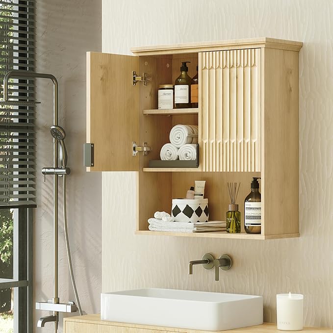 FLOWBACK Bathroom Wall Cabinet Over The Toilet Storage, 23.5×31.4 Inch Wall Mounted Medicine Cabinet with Adjustable Shelf and Door, Natural Wood Storage Cabinet for Laundry Room, Bedroom Kitchen