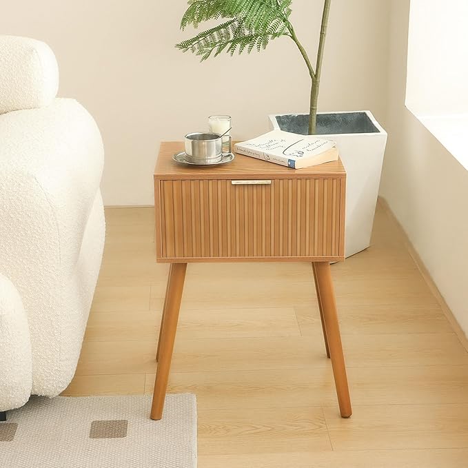 AWASEN Fluted Nightstand, Small Bedside Table with Storage Drawer, Accent End Table Living Room for Bedroom and Small Space, Brown
