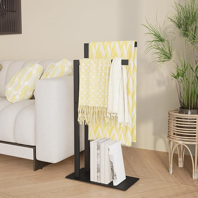 Yawinhe Free Standing Towel Rack, 2 Tier Blanket Holder with Marble Base, Metal Hand Towel Holder for Bathrooms, Drying and Display Rack with Shelf,15.7×7.87×31.49 inch,Black, SMJ003B