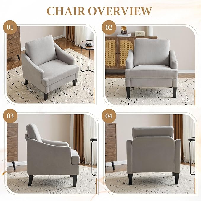 Bezseller Modern Accent Chairs Set of 2, Upholstered Reading Armchair with Wood Legs, Mid-Century Leisure Comfy Single Sofa Chair for Living Room, Bedroom, Home, Office, Light Grey