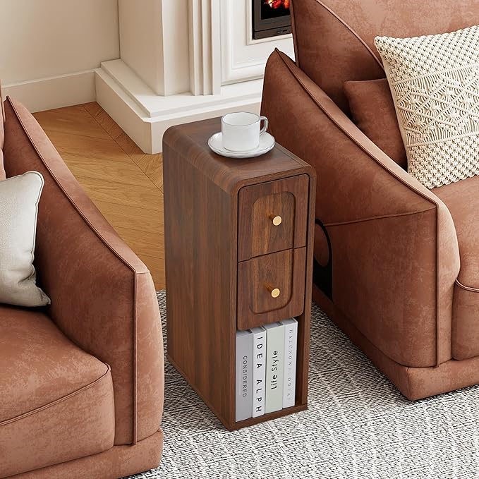 Narrow Nightstand with 2 Drawers, Small Bedside Tables, Mid-Century Modern Slim Night Stand with Storage, Wooden End Table for Small Spaces, Bedroom, Living Room (Walnut-1PCS)