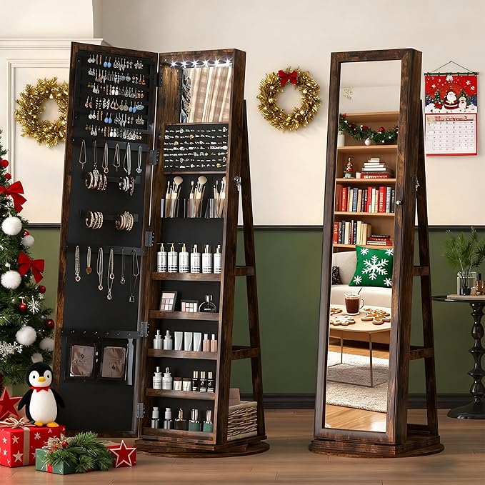 LVSOMT Mirror Jewelry Cabinet Standing, 360° Swivel Jewelry Armoire with 6 LED Lights and Interior Mirror, Full Length Mirror with Storage, Standing Lockable Jewelry Organizer, Retro Brown