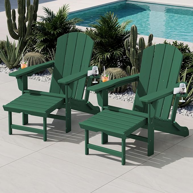 KINGYES Adjustable Folding Adirondack Chair with Ottoman & 2 Cup Holders Set of 2, HDPE Adirondack Reclining Chair with Footrest, Green