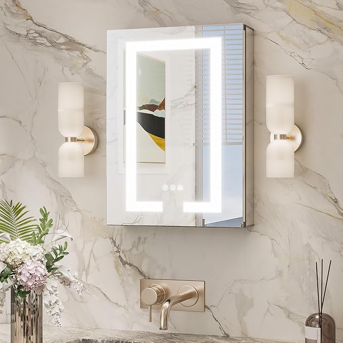 TokeShimi 16x24 Led Medicine Cabinet with Lights 3 Colors Dimmable, Lighted Medicine Cabinet Mirror with Outlet and Defogger,2-Side Front Lit Bathroom Mirror with Storage, Surface Mount or Recessed