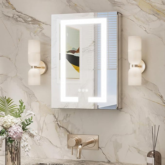 TokeShimi 16x24 Led Medicine Cabinet with Lights 3 Colors Dimmable, Lighted Medicine Cabinet Mirror with Outlet and Defogger,2-Side Front Lit Bathroom Mirror with Storage, Surface Mount or Recessed