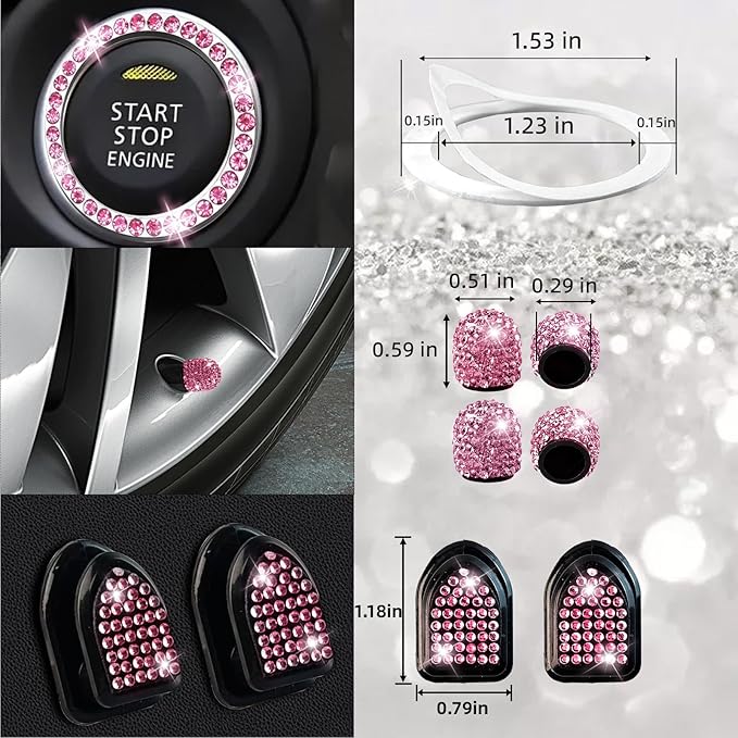 NBTEPEM 27-Piece Bling Car Accessories Set - Universal Fit Steering Wheel Covers, License Plate Frames, Phone Holder, Car Fast Charger, Coasters (Pink)