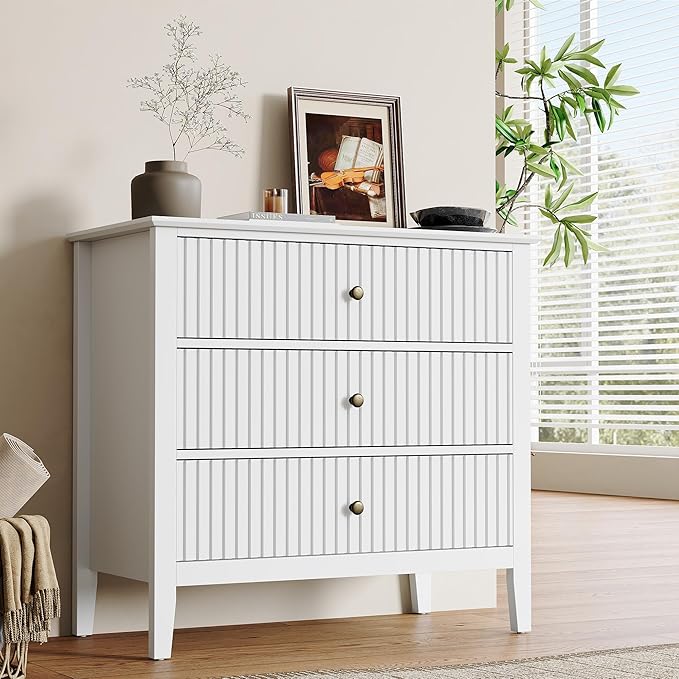 RoyalCraft 32" Large Nightstand, Fluted Painted Bedside Table with 3 Spacious Drawers, Modern Tall End Table for Bedroom, White