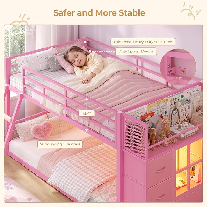 BTHFST Low Bunk Bed Twin Over Twin with 7 Large Fabric Drawers & Bookshelf, Metal Bunk Bed with RGB LED Lights & Slanted Ladder & Safety Guardrail, Space-Saving Kids Low Loft Bed Twin, Pink
