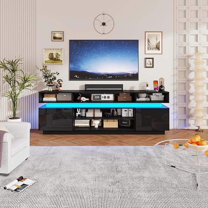 chartustriable LED TV Stand for 95 Inch TV, Modern Tall Entertainment Center with Power Outlets, High Gloss TV Stand, Gaming TV Media Console for Living Room, 83 Inch, Black