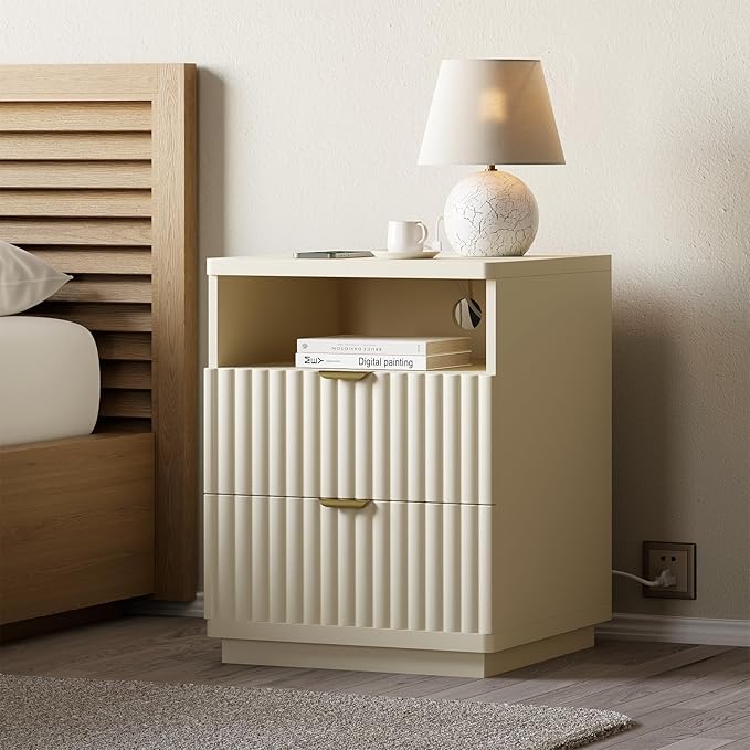Nightstand with Charging Station, Night Stand with Open Shelf and 2 Drawers for Bedroom, Side Table Bedside Table with USB Ports & Outlets, Small Nightstand End Table (Beige)