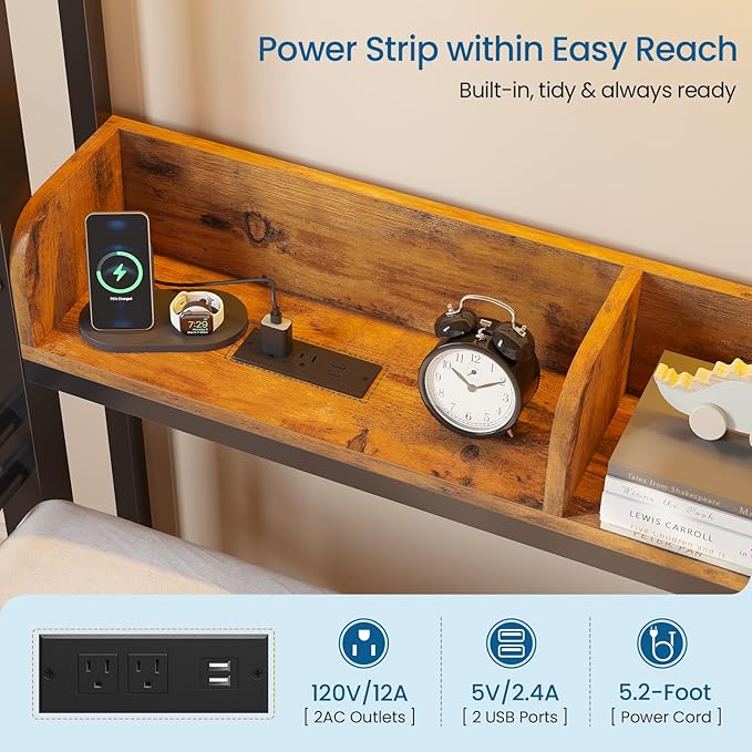 Twin Over Twin Bunk Bed with 6 Storage Drawers & 3 Boxes, Dual Side Shelves, Twin Bunk Beds for Kids with LED Lights and Charging Station, Heavy Duty Metal Bunk Bed with Safety Guardrail and Ladder