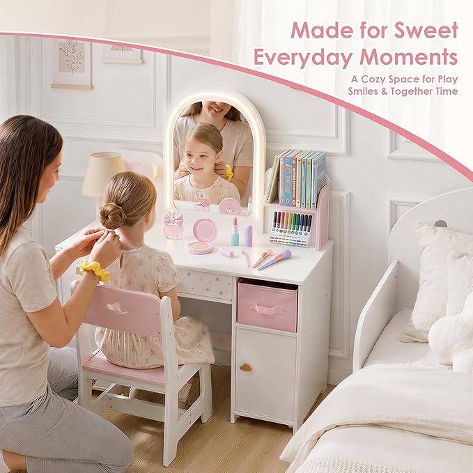 Leeshyah Kids Vanity with Lights and Chair, 3-Color Lighted Mirror Kids Vanity Table and Chair Set, Toddler Vanity Desk with Drawer, Storage Cabinet and Bin, Pretend Play Vanity for Ages 3+