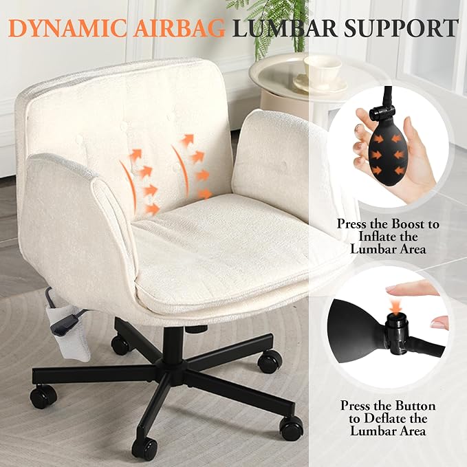 Criss Cross Chair with Lumbar Airbag & Folding Arms Relieve Back Pain, Wide Cross Legged Office Chair for Home Office, Comfy Swivel Desk Chair with Wheels, 5 Level Adjustable Armrest, Chenille(White)