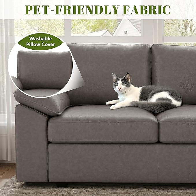 108 Inch Faux Leather Modular Sectional Sofa with Pull Out Bed,U Shaped 7 Seat Sectional Sleeper Sofa with Storage,Sectional Couches for Living Room,Cloud Modular Couch,Gray Leather