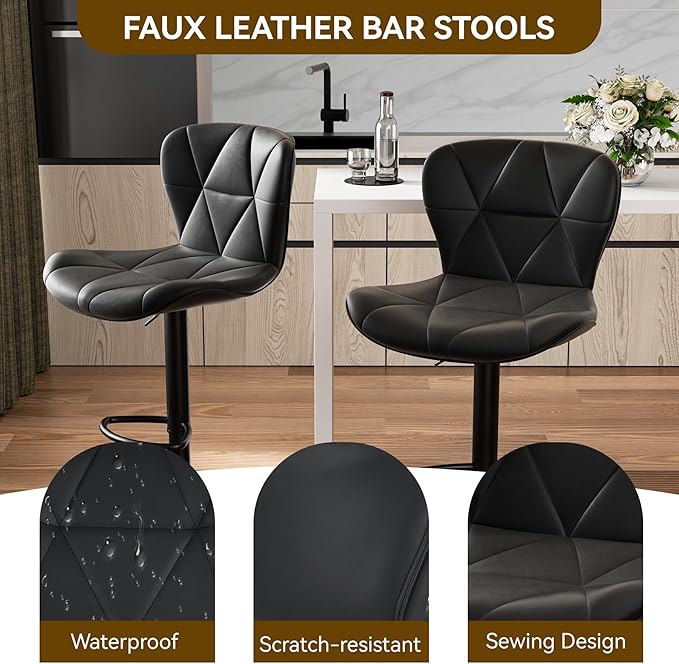 Nalupatio Modern Bar Stools Set of 4, Adjustable Faux Leather Upholstered Swivel Bar Stools, Counter Height Bar Chairs with Back for Kitchen Island, Black