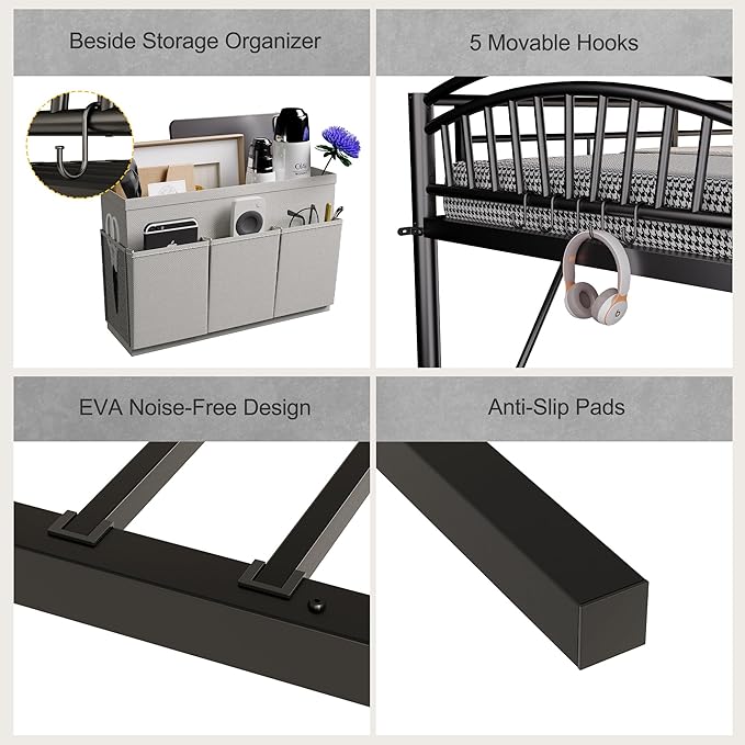 Decofy Metal Loft Bed Twin Size, Heavy Duty Loft Bed with Bedside Caddy, EVA Anti-Slip Ladder with Sturdy Guardrails, Space-Saving Twin Size Loft Bed for Teens & Adults for Bedroom Dorm (Black)