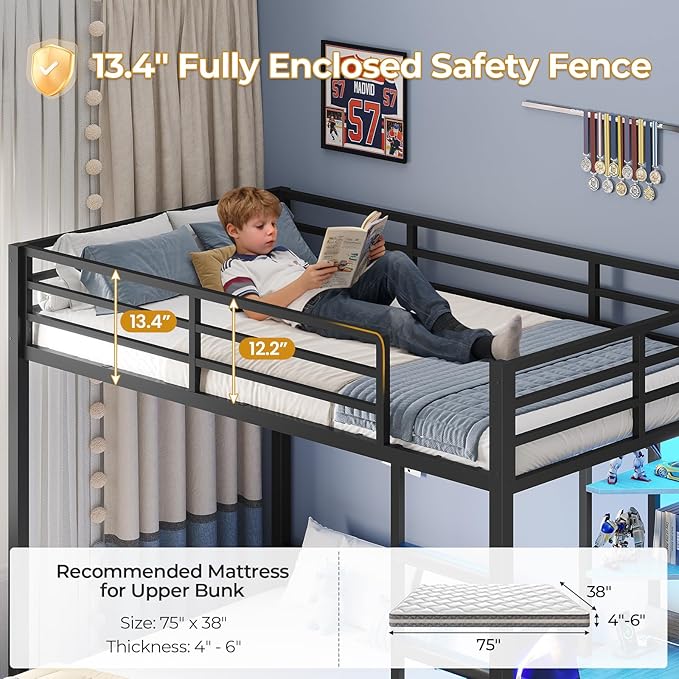 ADORNEVE Twin Over Full Bunk Bed with Desk, Bunk Beds Twin Over Full Size with Charging Station & Led Lights, Storage Drawers & Shelves, Loft Bed with Safety Guardrail & Ladder for Kids/Teens, Grey