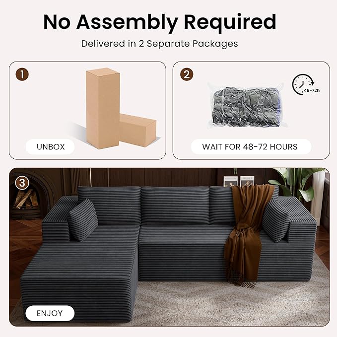106" Cloud Sectional Boneless Couches for Living Room, Modular L Shaped Couch with Deep Seat Oversized Left Facing Chaise, Memory Foam Compressed Spineless 3 Seater Sofa for Bedroom Apartment, Grey