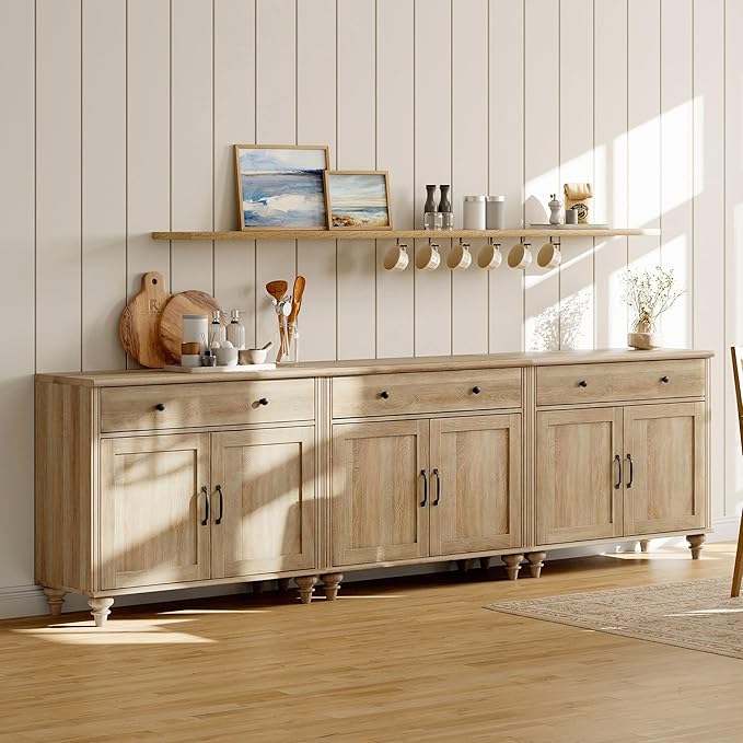 WAMAPT Oak Buffet Cabinet with 6 Doors and 3 Drawers, Large Coffee Bar Table Wood Kitchen Storage Cabinets, Modern Farmhouse Sideboard Credenza for Dining Room, 101 inch