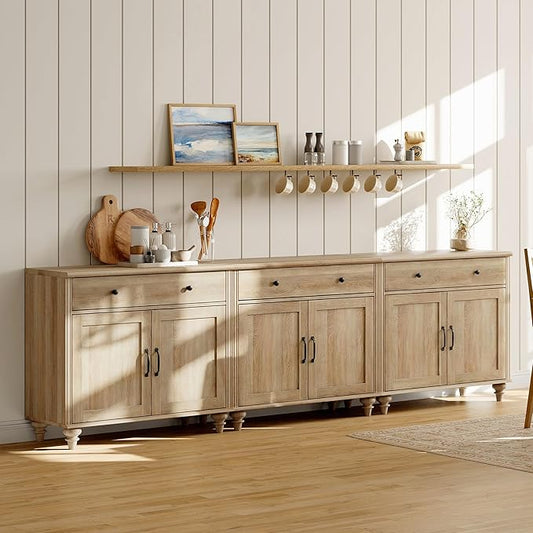 WAMAPT Oak Buffet Cabinet with 6 Doors and 3 Drawers, Large Coffee Bar Table Wood Kitchen Storage Cabinets, Modern Farmhouse Sideboard Credenza for Dining Room, 101 inch