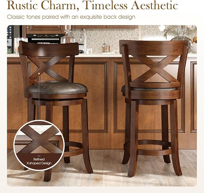 Sophia & William Swivel Bar Stools Set of 2, 26 Inch Counter Height Barstools with Cross Back & Solid Wood Legs,Modern Faux Leather Bar Chairs for Kitchen Island