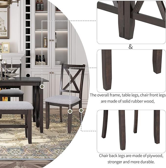 Harper & Bright Designs 6-Piece Family Dining Room Set Solid Wood Space Saving Foldable Table and 4 Chairs with Bench for Dining Room (Espresso)