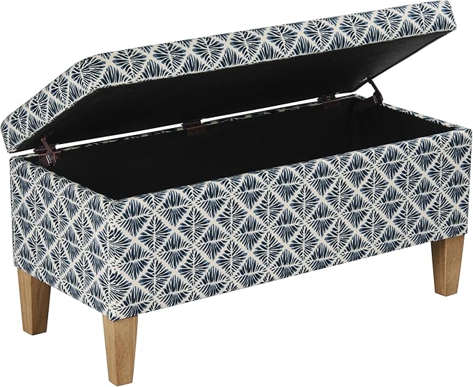 HomePop Large Decorative Storage Bench with Flip-Top - Blue Geometric Pattern - Cotton Fabric - Natural Wood Legs