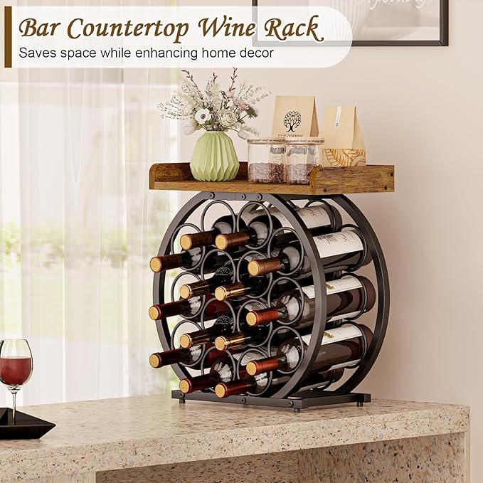X-cosrack 14 Bottles Countertop Wine Rack with Wooden Tabletop, Round Metal Freestanding Wine Storage Holder, Wine Racks Countertop Wine Bottle Organizer Display Stand for Pantry Home Kitchen Bar