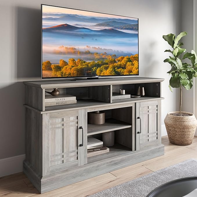 BELLEZE Modern 48" Farmhouse Wood TV Stand & Media Entertainment Center Console Table for TVs up to 50 Inch with Open Storage Shelves & Cabinets - Norrell (Gray Wash)