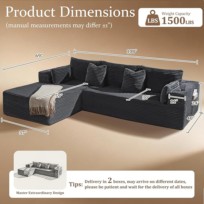 108" Oversized Cloud Sectional Couch, Comfort L Shaped Boneless Couch for Living Room, Extra Deep Seats No Assembly, Minimalist Modular Sofa, Corduroy (Dark Grey, 2 Seater+Right Facing Chaise)