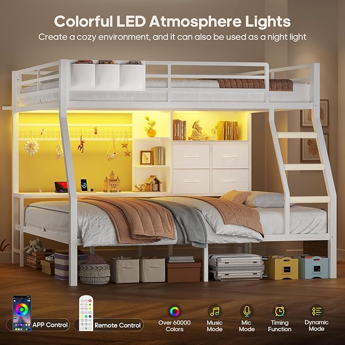 BTHFST Full Over Full Bunk Beds with 4 Storage Drawers & Shelves & Bedside Caddy, Bunk Bed with Charging Station & LED Lights, Full Size Bunk Bed with Safety Guardrail & Angled Ladder, White