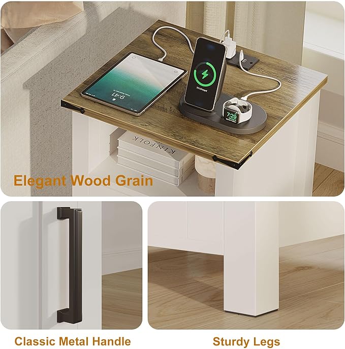 Decofy Farmhouse Nightstand with Charging Station, Set of 2, Wood Bedside Table with Storage & Open Compartment, Side End Table for Bedroom, Rustic White and Brown