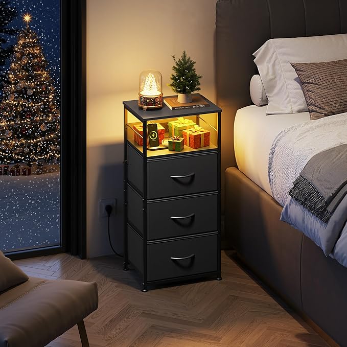 WLIVE Nightstand with Charging Station, 31.9" H Nightstand with 3 Fabric Drawers, LED Bedside Table with USB Ports and Outlets, End Table for Dorm, Bedroom, Entryway, Black