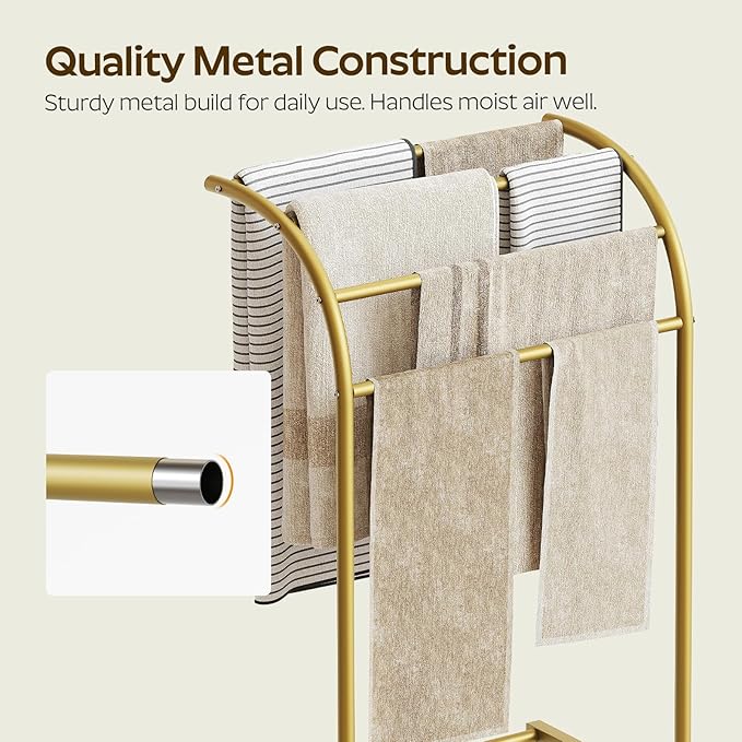 YATINEY Free Standing Towel Rack, 4-Tier Blanket Rack for Bathroom, Pool Towel Stand Display and Drying Rack, Modern Towel Blanket Storage Organizer, Gold CJ07GD