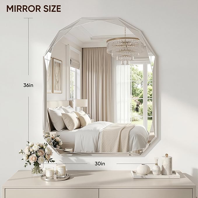 Suidia Bathroom Mirror, 30"x 36" Wall Mirror, Frameless Bathroom Mirror with Beveled Edge for Bedroom, Living Room, Entryway, Hallway, Arched Shape