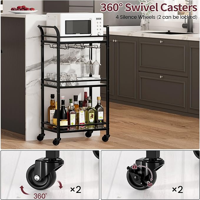 Black Small Bar Cart with 3-Tier Mirrored Shelf, Glass Holders for Kitchen, Dining Room, Living Room - Drink Cart on Wheels with Wine Glass Rack