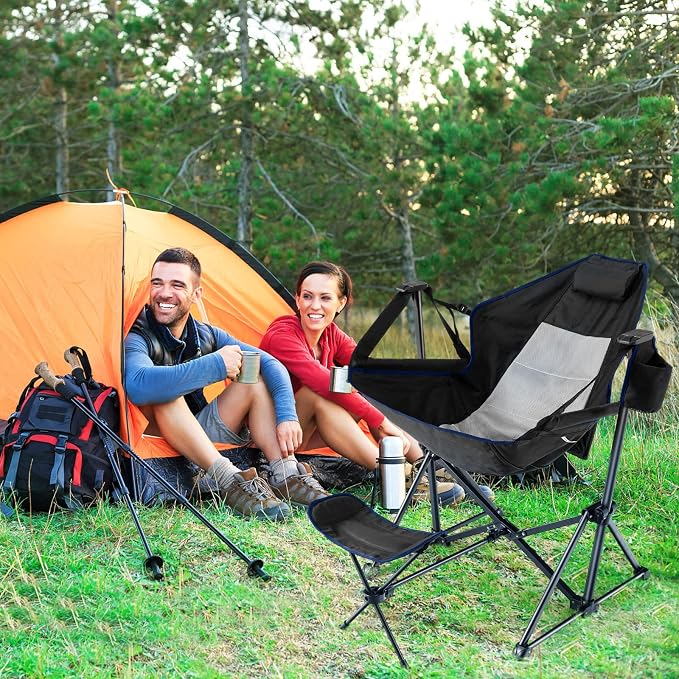 COSTWAY Folding Camping Chair, Portable Beach Chair with Retractable Footrest, Adjustable Back, Cup Holder & Carry Bag, Outdoor Lawn Patio Chair for Camping, Fishing, Hiking (Black, 2 Pack)