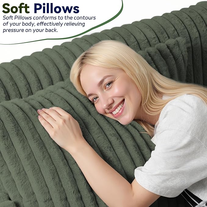 HABUTWAY 68" Loveseat Boneless Couch, 4-in-1 Convertible Sofa Bed, Plush Fur Folding Futon Sofa Bed Couches with 2 Pillows for Living Room, High-Density Foam Support, No Assembly Required, Green
