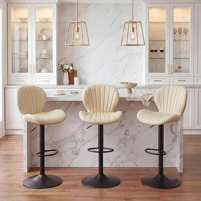GRUSIGN Bar Stools Set of 2, Modern Swivel Adjustable Bar Chairs, Faux Leather Upholstered Counter Height Bar Stools with Backrest, Comfort Barstools for Kitchen Island, Home Bar, Beige