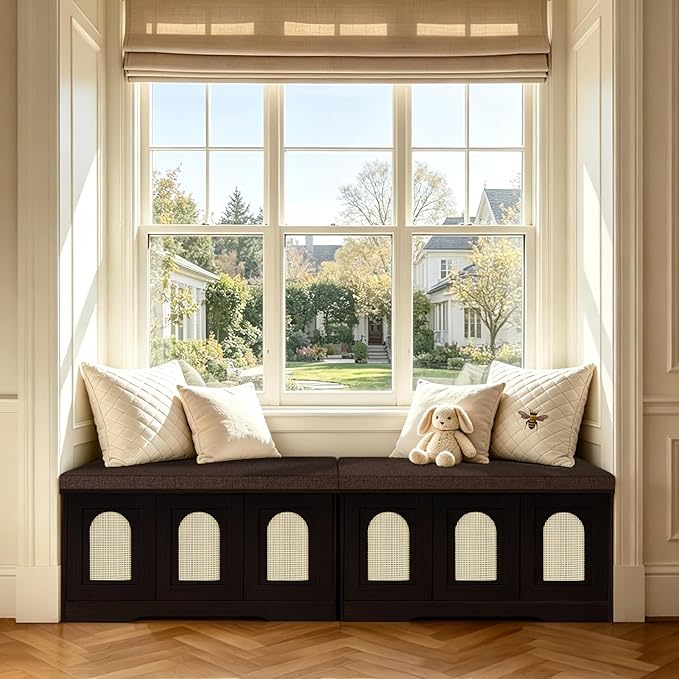 DINZI LVJ Shoe Bench, Entryway Storage Bench with Doors, Cushion, 2-Tier Shoe Rack with 6-Cubby, 39.4”L x 13.8”W Shoe Organizer Cabinet, Adjustable Shelf, Living Room, Bedroom, Espresso with Rattan