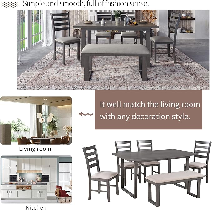 Harper & Bright Designs 6 Piece Kitchen Dining Table Set Wooden Rectangular Dining Table Set for 6, Solid Wood Dining Room Set with Rectangular Table & 4 Chairs with Bench(Gray) ST000055AAE-MZJ