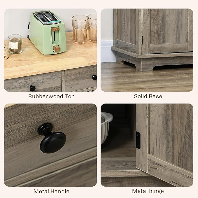 HOMCOM Sideboard Buffet Cabinet with Solid Wood Countertop, Modern Kitchen Storage Cabinet, Coffee Bar Cabinet with 3 Drawers, Doors and Adjustable Shelf, Distressed Gray