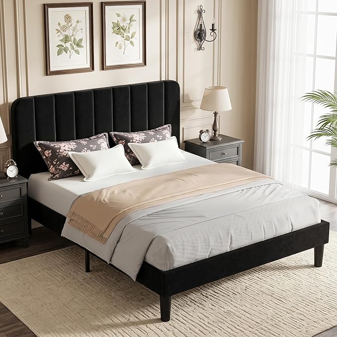 VECELO Queen Size Bed Frame with Upholstered Headboard, Velvet Platform Bedframe Mattress Foundation, Strong Wood Slat Support, No Box Spring Needed,Black